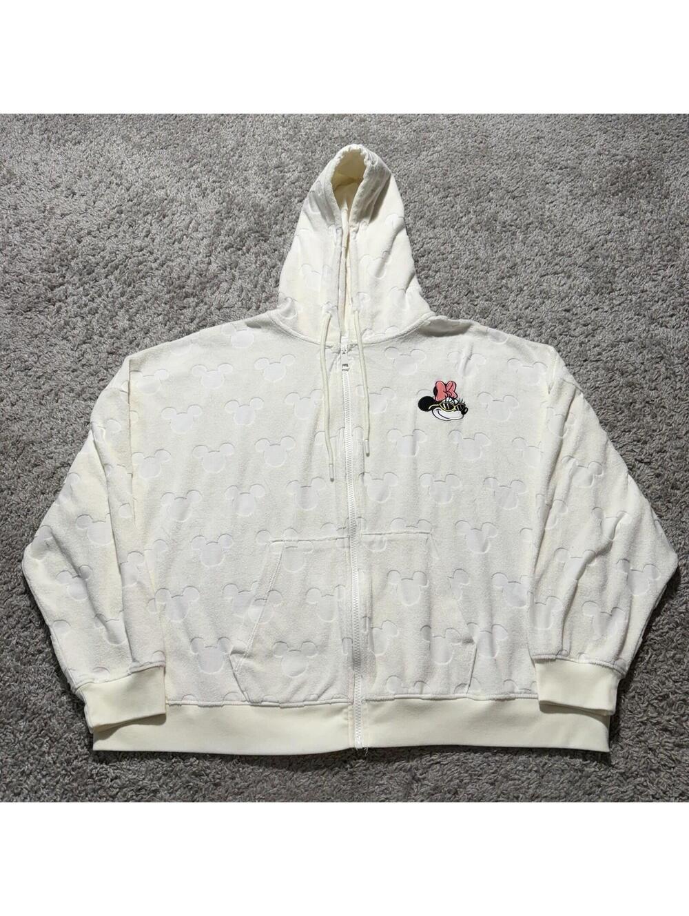 Disney Parks Minnie Mouse Burnout Terry Zip Up Hoodie Cream Oversized Size XL